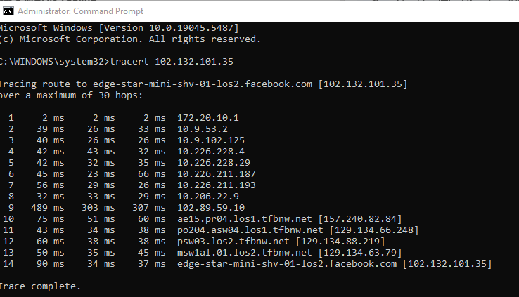 execute um comando tracert